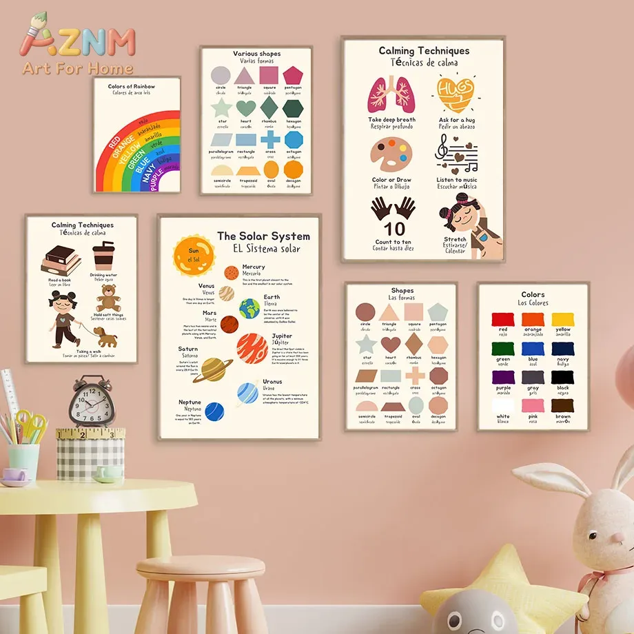 Kids Education Charts - AZNM Quadro Educacional Bilíngue Espanhol Inglês